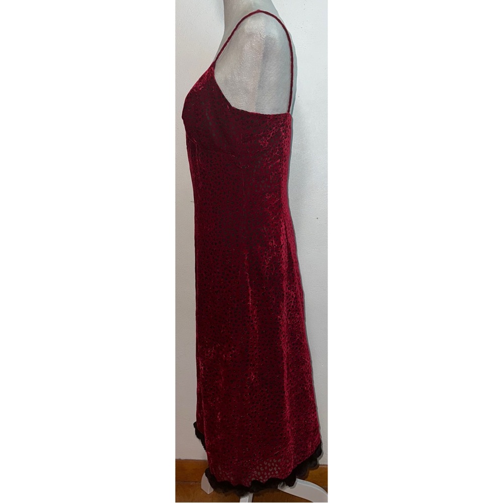 Vintage 90s Nicole Miller Red Burnout Velvet Dress w/ Fur Trim - Picture 3 of 15